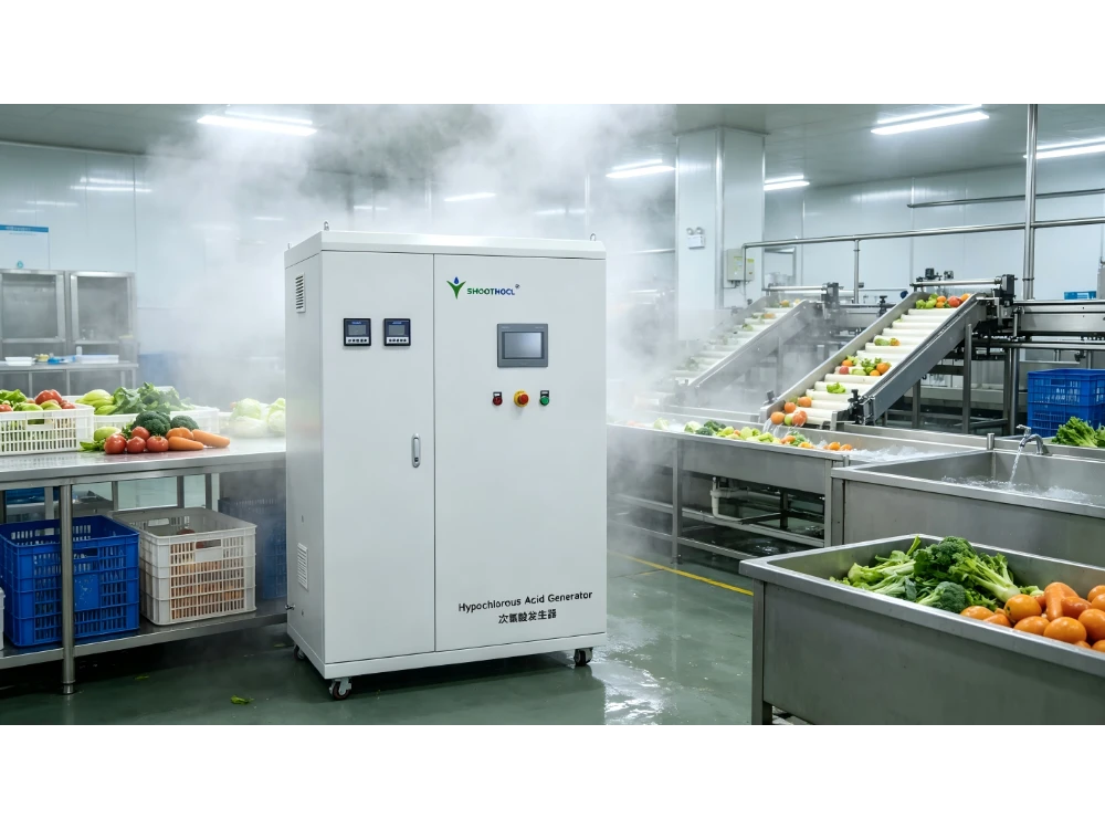 Hypochlorous acid generator food processing