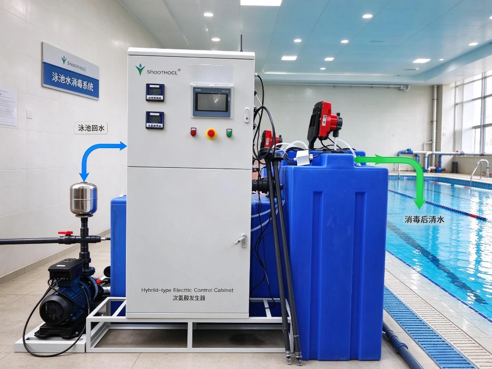 Mixed method hypochlorous acid generator pool